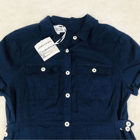 Navy Blue 100% Linen Short Sleeve Button Front Dress Classic Midi Size Large New - Picture 2 of 12
